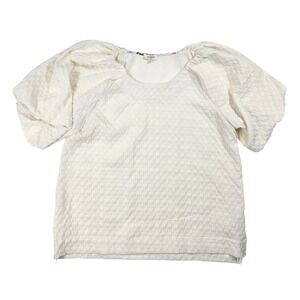 Umgee Cream Bohemian Check Textured Puff Sleeved Blouse Women's Size Medium